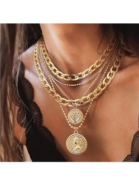 18k Gold Plated Layered Necklaces for Women Trendy Retro Coin Pendant Dainty